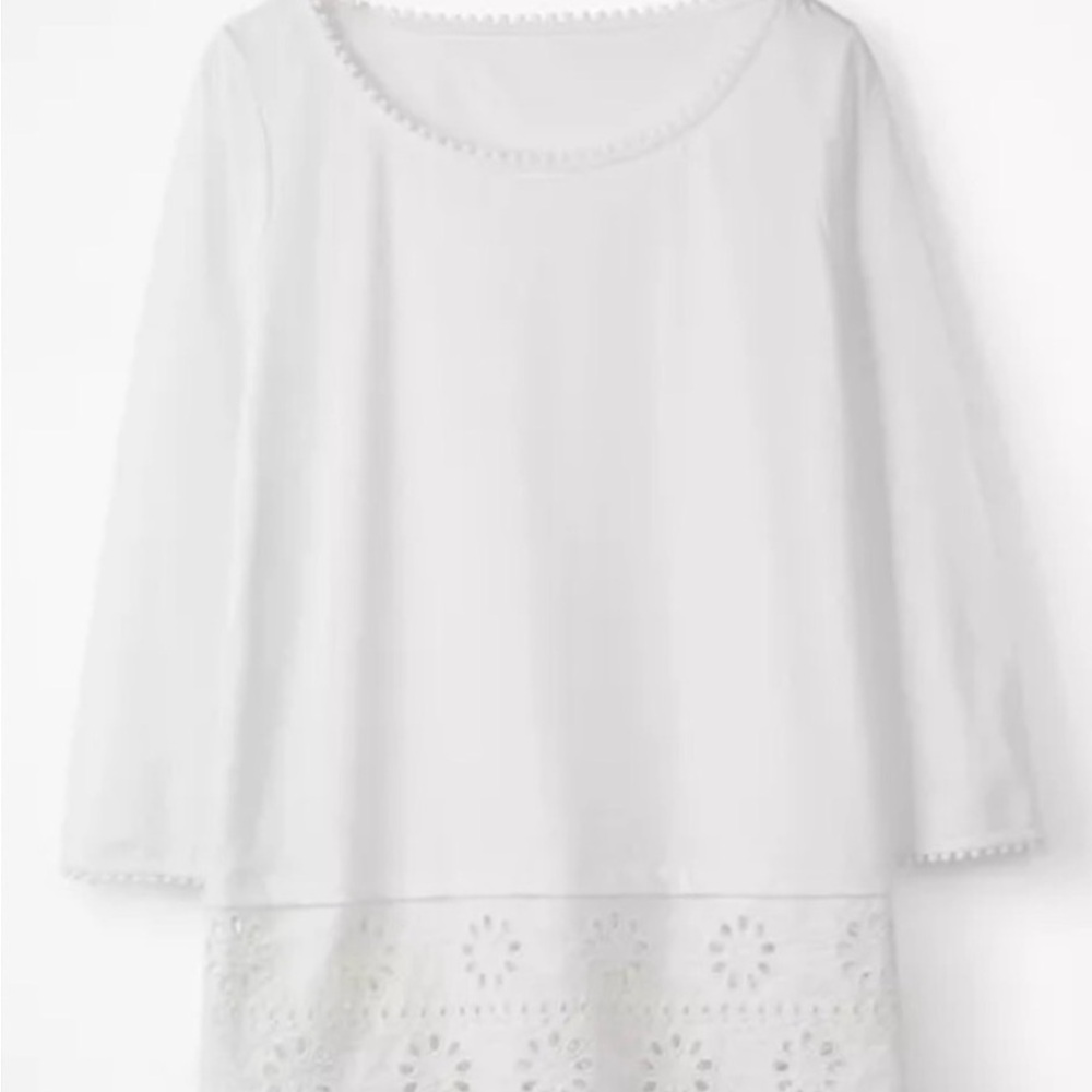 Boden White 3/4 sleeve Pom-Pom & Broderie Trim Top